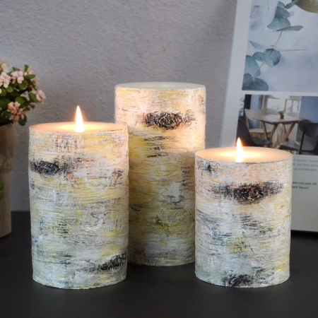 Set of 3 Cylindrical Candles with Realistic Birch Bark Texture